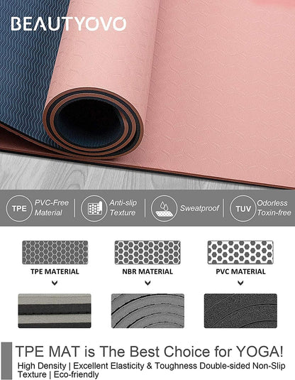 BEAUTYOVO Eco-Friendly TPE Yoga Mat – 1/3-Inch Thick Non-Slip, Cushioned Yoga & Pilates Mat with Dual-Use Strap