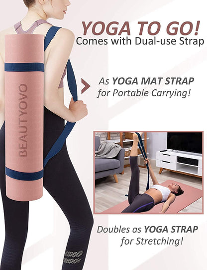 BEAUTYOVO Eco-Friendly TPE Yoga Mat – 1/3-Inch Thick Non-Slip, Cushioned Yoga & Pilates Mat with Dual-Use Strap