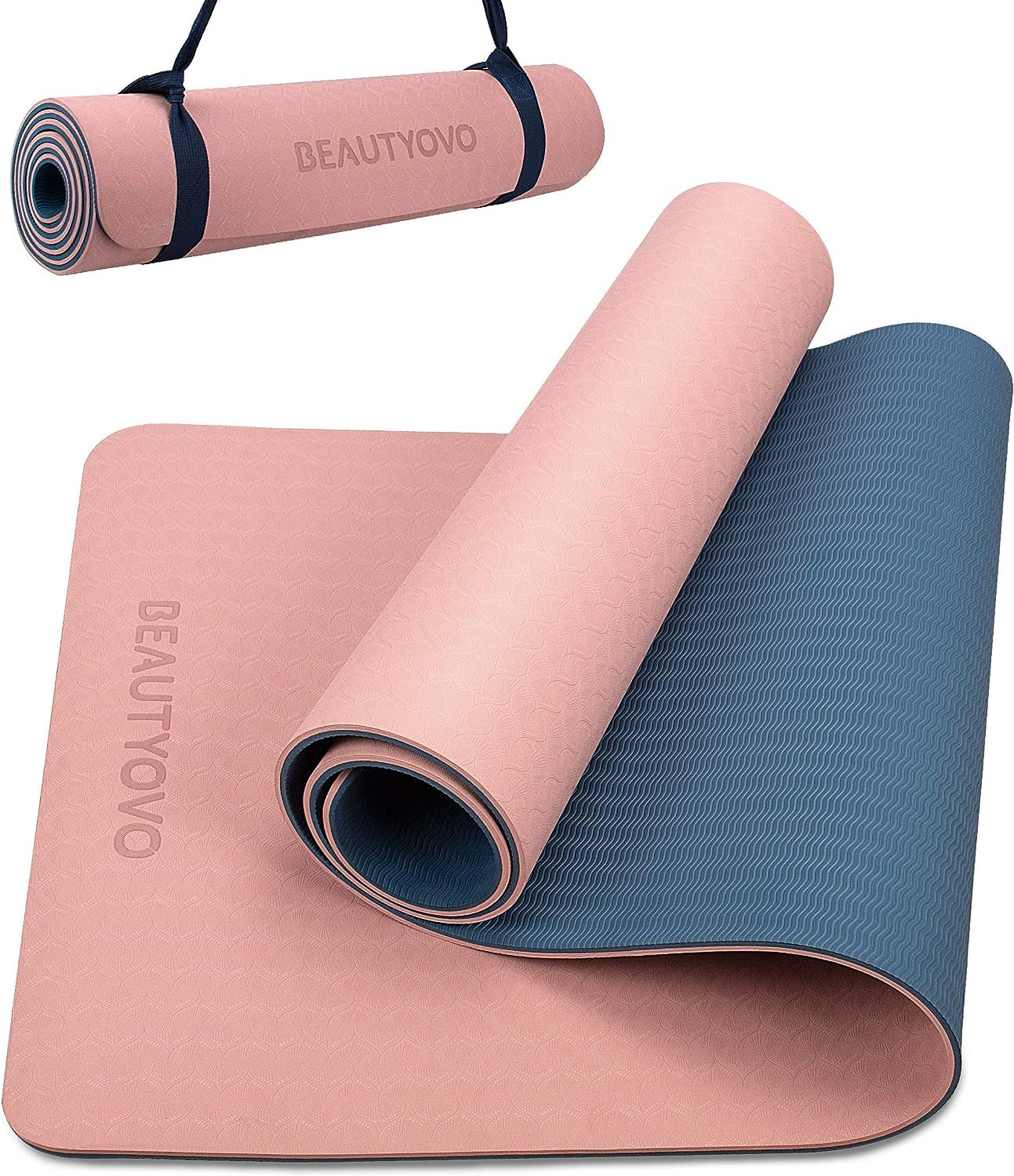 BEAUTYOVO Eco-Friendly TPE Yoga Mat – 1/3-Inch Thick Non-Slip, Cushioned Yoga & Pilates Mat with Dual-Use Strap